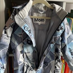 Molo lined all-around hooded rain suit in waterproof bike print fabric